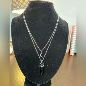 Black Obsidian Crystal with Moon Charm Necklace
